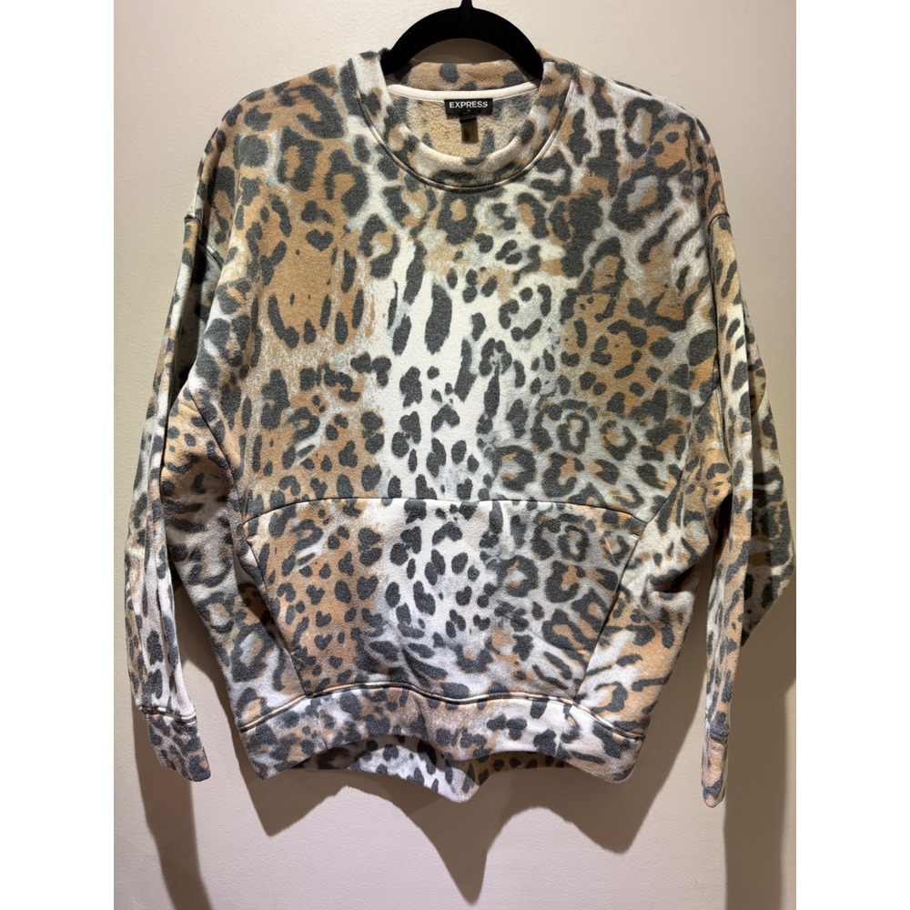 Express Leopard Print Crewneck Sweatshirt Womens XS Oversized Kangaroo Pocket